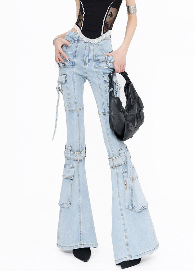 Modern Blue Pockets Patchwork Denim Flared Trousers Fall