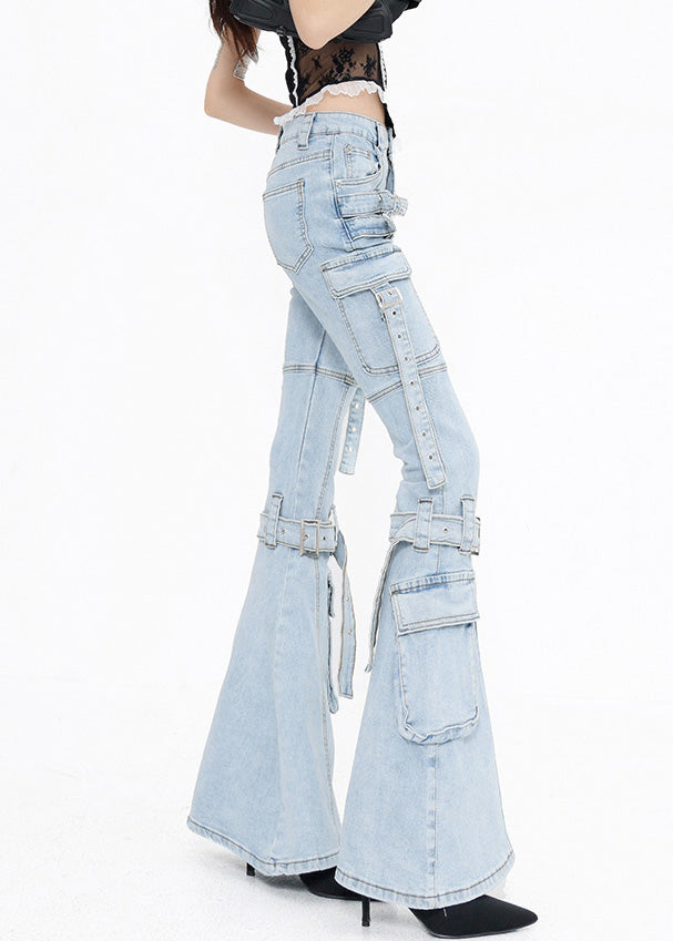 Modern Blue Pockets Patchwork Denim Flared Trousers Fall