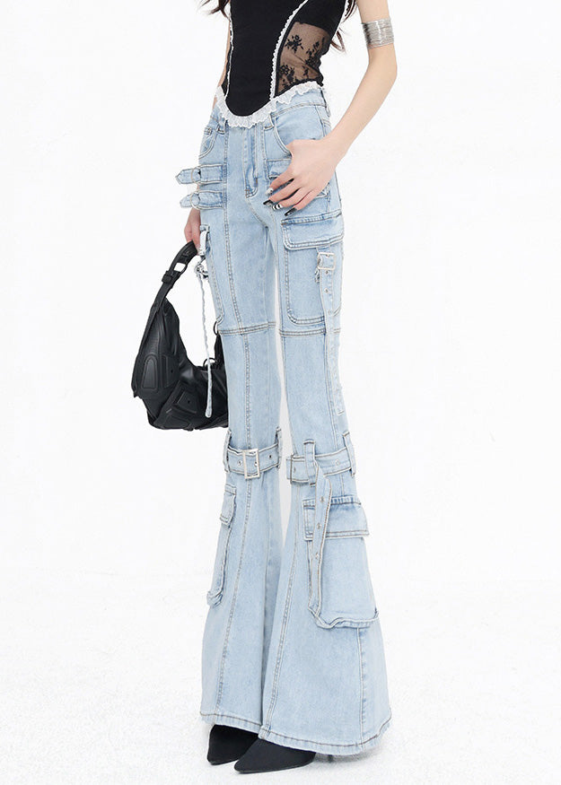Modern Blue Pockets Patchwork Denim Flared Trousers Fall