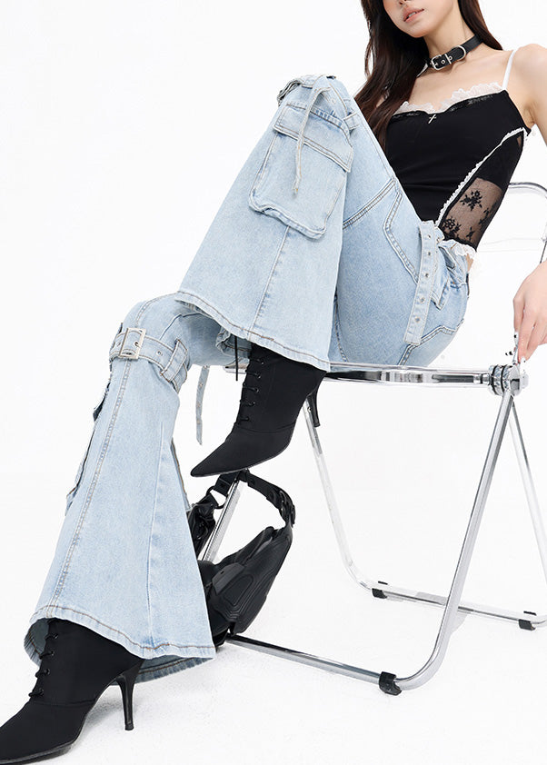 Modern Blue Pockets Patchwork Denim Flared Trousers Fall