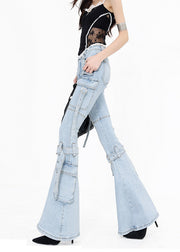 Modern Blue Pockets Patchwork Denim Flared Trousers Fall