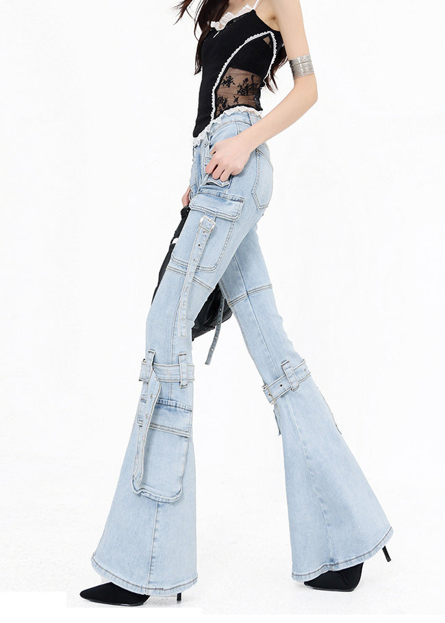 Modern Blue Pockets Patchwork Denim Flared Trousers Fall