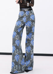 Modern Blue Pockets Rose Print Denim Pants Fall