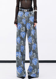 Modern Blue Pockets Rose Print Denim Pants Fall