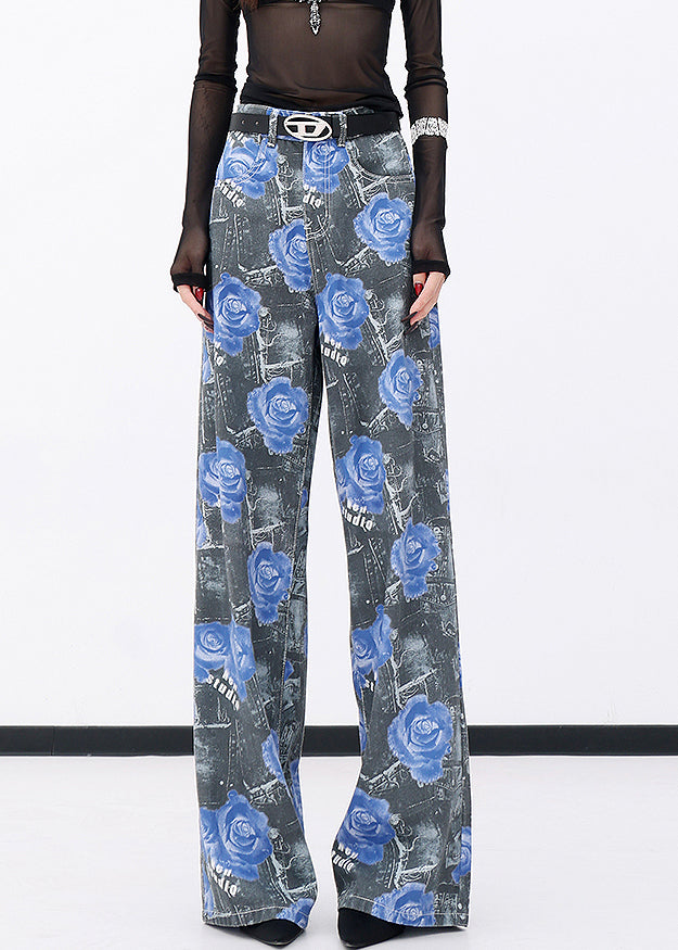 Modern Blue Pockets Rose Print Denim Pants Fall