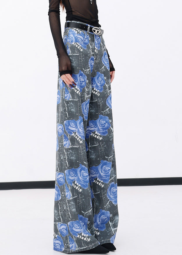 Modern Blue Pockets Rose Print Denim Pants Fall