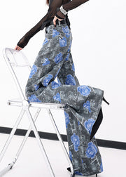Modern Blue Pockets Rose Print Denim Pants Fall