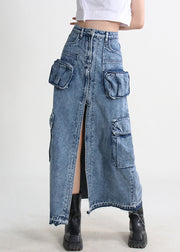 Modern Blue Pockets Side Open Denim Skirt Summer