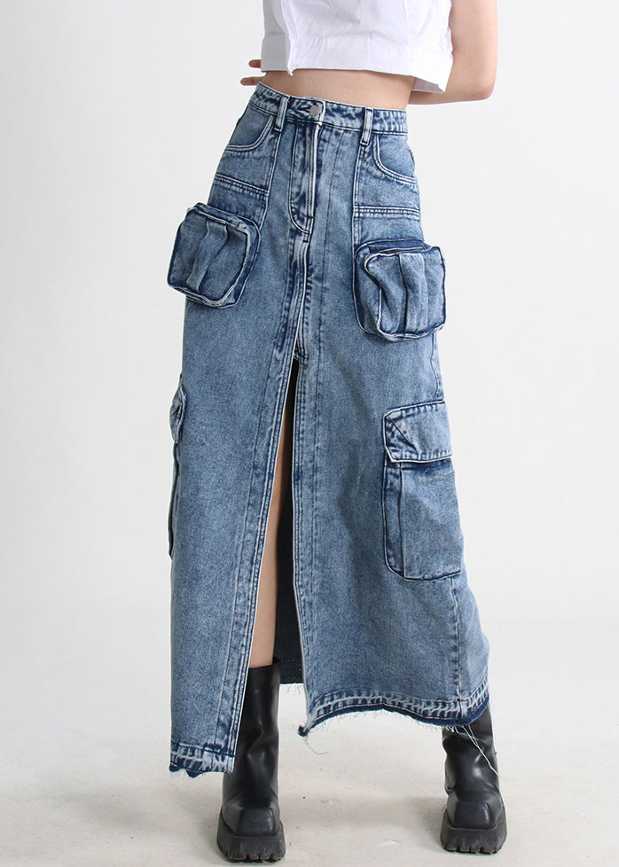 Modern Blue Pockets Side Open Denim Skirt Summer