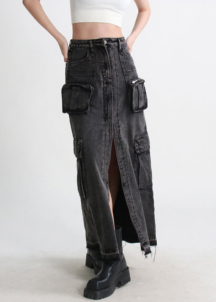 Modern Blue Pockets Side Open Denim Skirt Summer