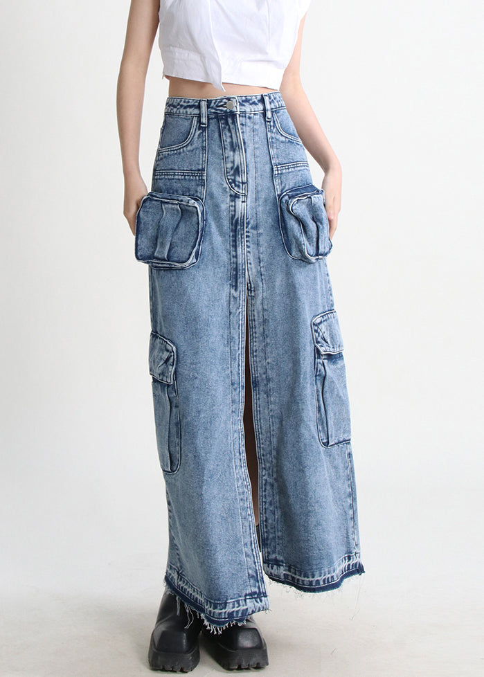 Modern Blue Pockets Side Open Denim Skirt Summer