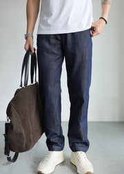 Modern Blue Pockets Solid High Waist Denim Men Straight Pants Fall