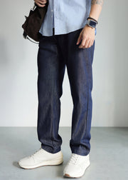 Modern Blue Pockets Solid High Waist Denim Men Straight Pants Fall
