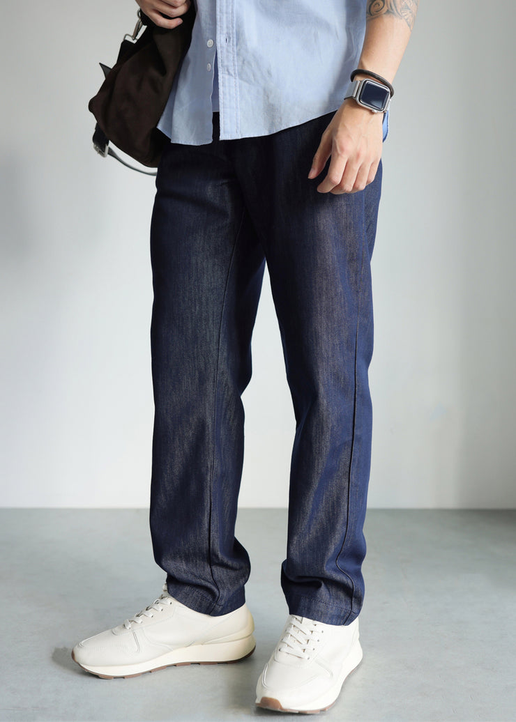 Modern Blue Pockets Solid High Waist Denim Men Straight Pants Fall