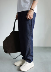 Modern Blue Pockets Solid High Waist Denim Men Straight Pants Fall