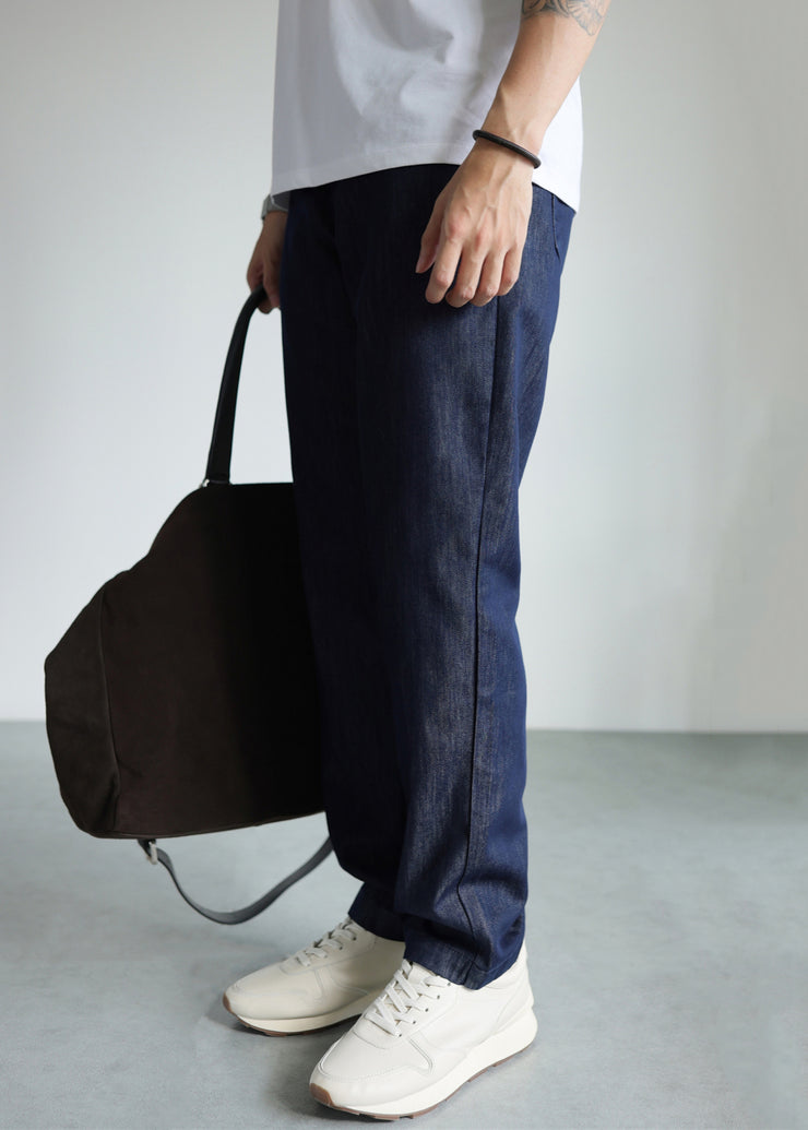 Modern Blue Pockets Solid High Waist Denim Men Straight Pants Fall