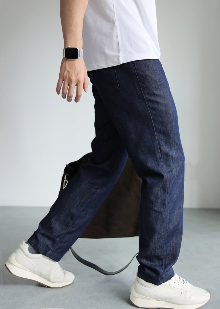 Modern Blue Pockets Solid High Waist Denim Men Straight Pants Fall