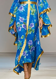 Modern Blue Print Chiffon Vacation Dress Flare Sleeve