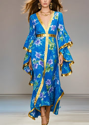 Modern Blue Print Chiffon Vacation Dress Flare Sleeve