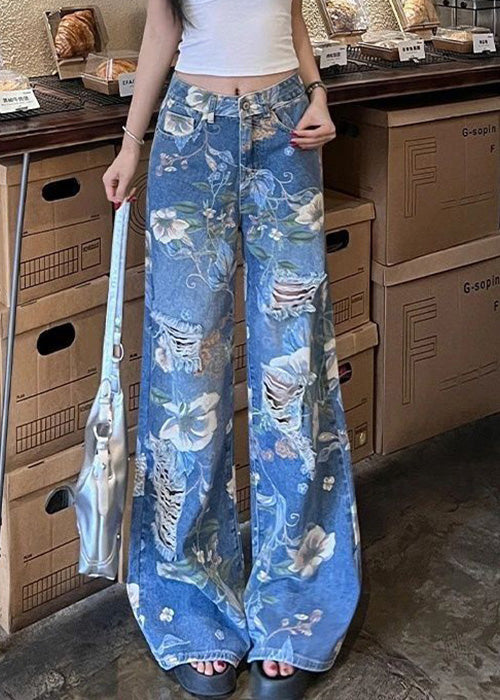 Modern Blue Print Hole High Waist Denim Wide Leg Pants Fall