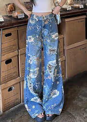 Modern Blue Print Hole High Waist Denim Wide Leg Pants Fall