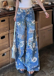 Modern Blue Print Hole High Waist Denim Wide Leg Pants Fall