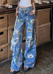 Modern Blue Print Hole High Waist Denim Wide Leg Pants Fall