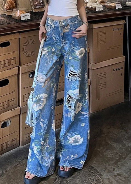 Modern Blue Print Hole High Waist Denim Wide Leg Pants Fall