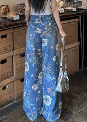 Modern Blue Print Hole High Waist Denim Wide Leg Pants Fall