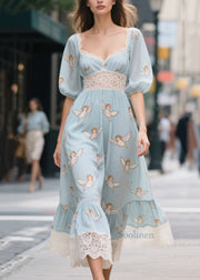 Modern Blue Print Lace Patchwork Chiffon Maxi Dresses Summer