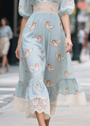 Modern Blue Print Lace Patchwork Chiffon Maxi Dresses Summer