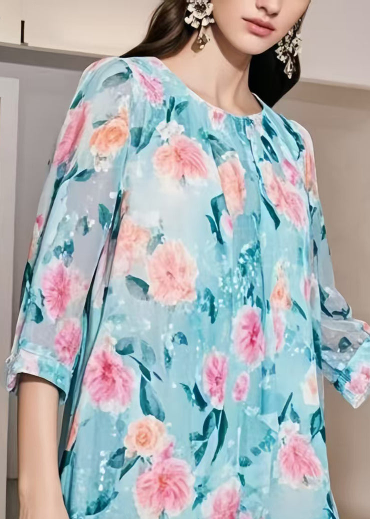 Modern Blue Print Patchwork Chiffon Mini Dress Bracelet Sleeve