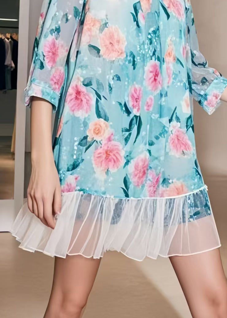 Modern Blue Print Patchwork Chiffon Mini Dress Bracelet Sleeve