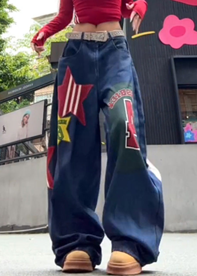 Modern Blue Print Pockets High Waist Denim Wide Leg Pants Summer