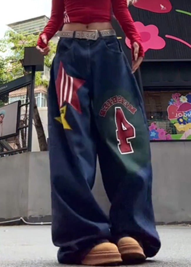 Modern Blue Print Pockets High Waist Denim Wide Leg Pants Summer