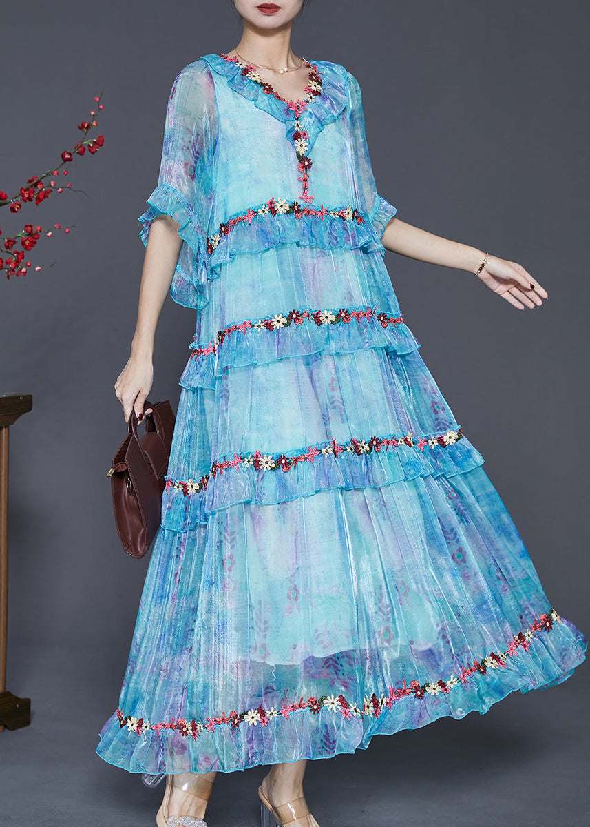 Modern Blue Ruffled Floral Chiffon Robe Dresses Spring – SooLinen
