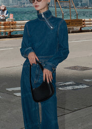 Modern Blue Stand Collar Zippered Pockets Denim Two Pieces Set Fall