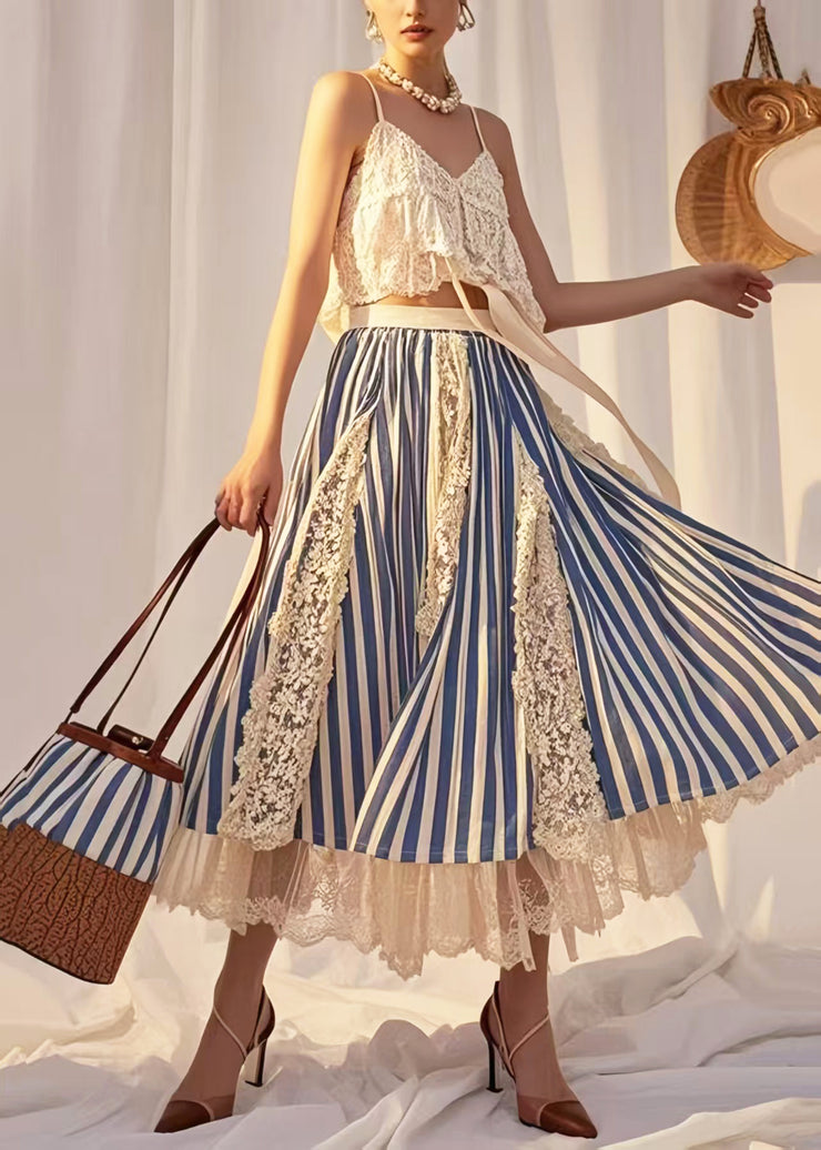 Modern Blue Striped Patchwork Lace Holiday Skirt Summer