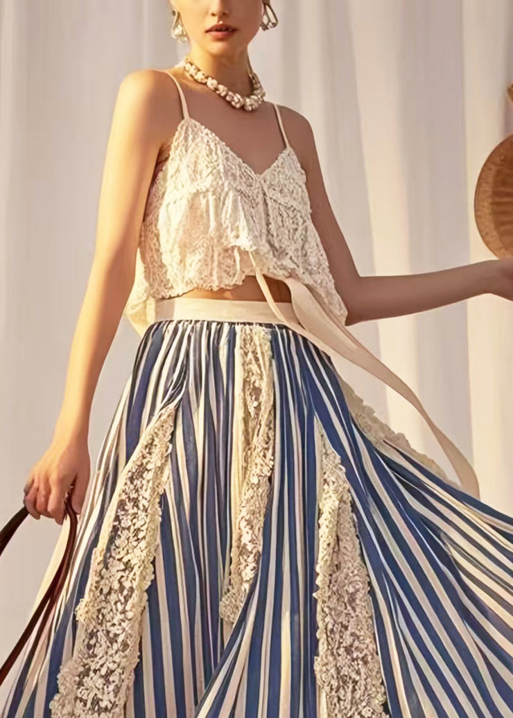 Modern Blue Striped Patchwork Lace Holiday Skirt Summer
