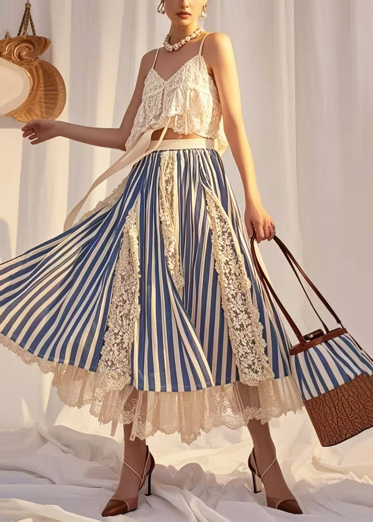 Modern Blue Striped Patchwork Lace Holiday Skirt Summer
