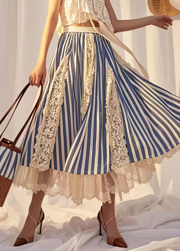 Modern Blue Striped Patchwork Lace Holiday Skirt Summer