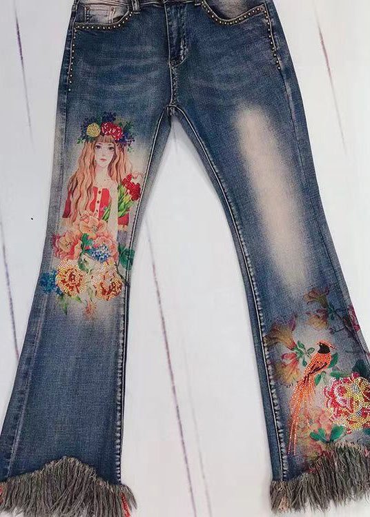Modern Blue Tasseled Print Zircon Denim Flare Bottoms Spring