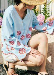 Modern Blue V Neck Embroidered Cotton Shirt Flare Sleeve