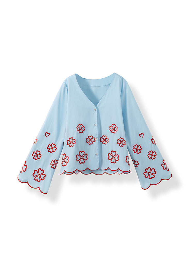 Modern Blue V Neck Embroidered Cotton Shirt Flare Sleeve