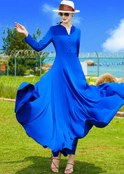 Modern Blue V Neck Exra Large Hem Solid Chiffon A Line Dress Fall