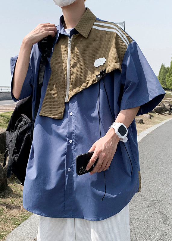 Modern Blue Zippered Patchwork Cotton Shirts Mens Half Sleeve