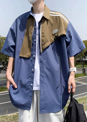 Modern Blue Zippered Patchwork Cotton Shirts Mens Half Sleeve