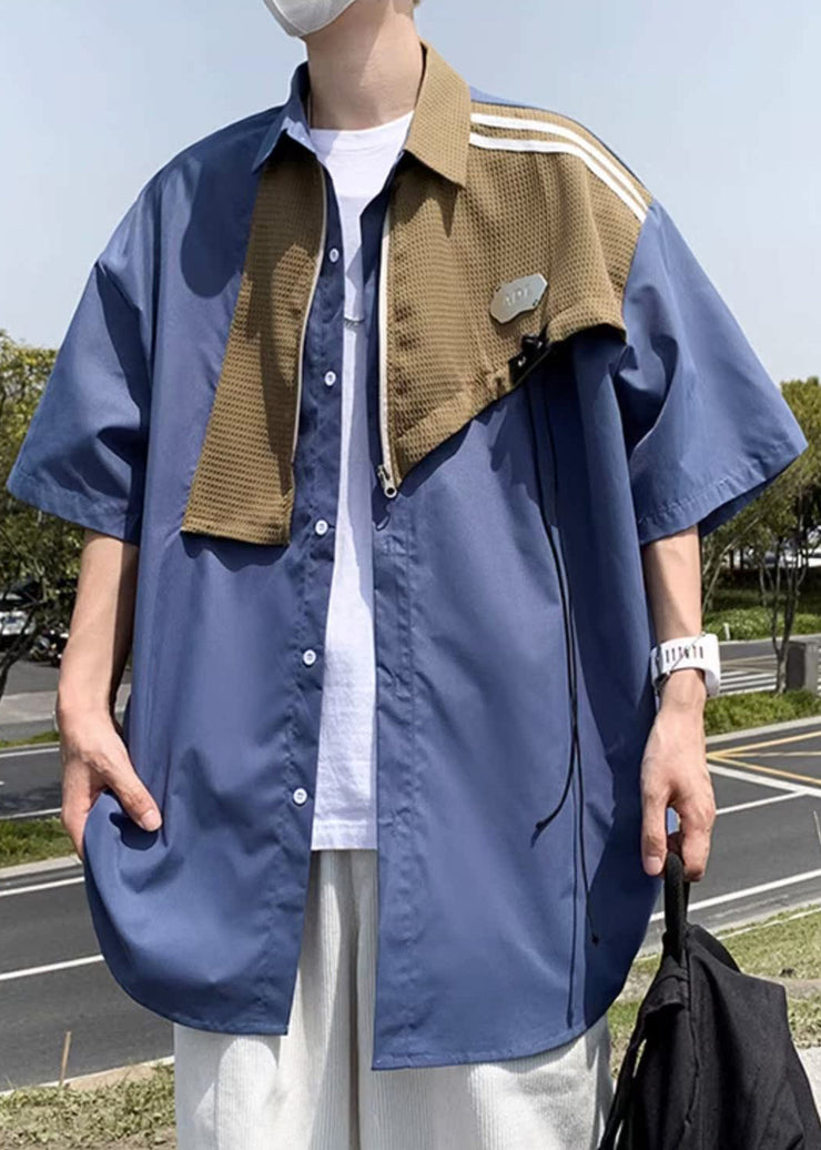 Modern Blue Zippered Patchwork Cotton Shirts Mens Half Sleeve