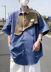 Modern Blue Zippered Patchwork Cotton Shirts Mens Half Sleeve