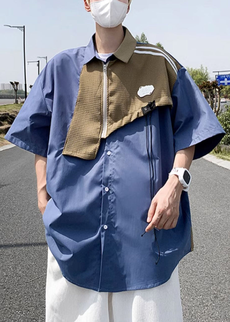 Modern Blue Zippered Patchwork Cotton Shirts Mens Half Sleeve